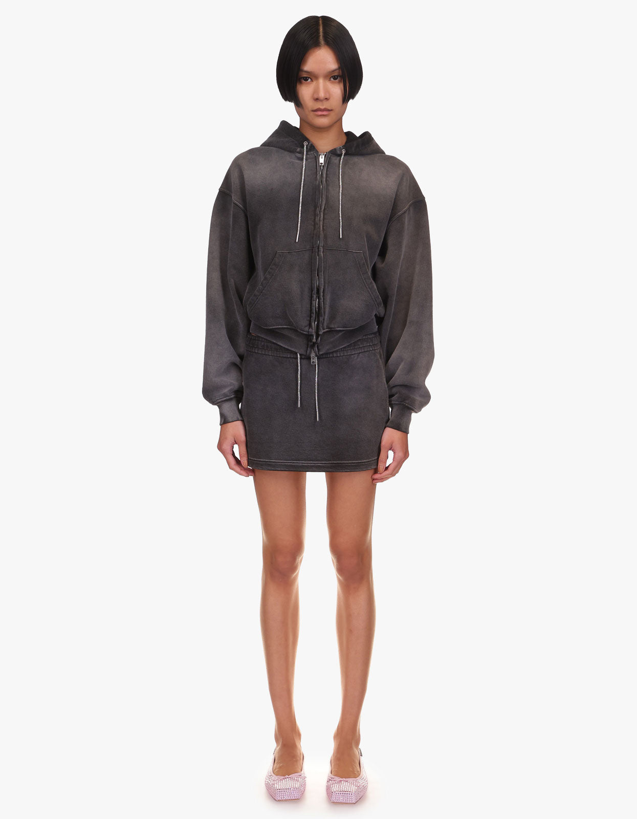 Terry Mini Skirt W/ Rhinestone Drawcord - Washed Caviar