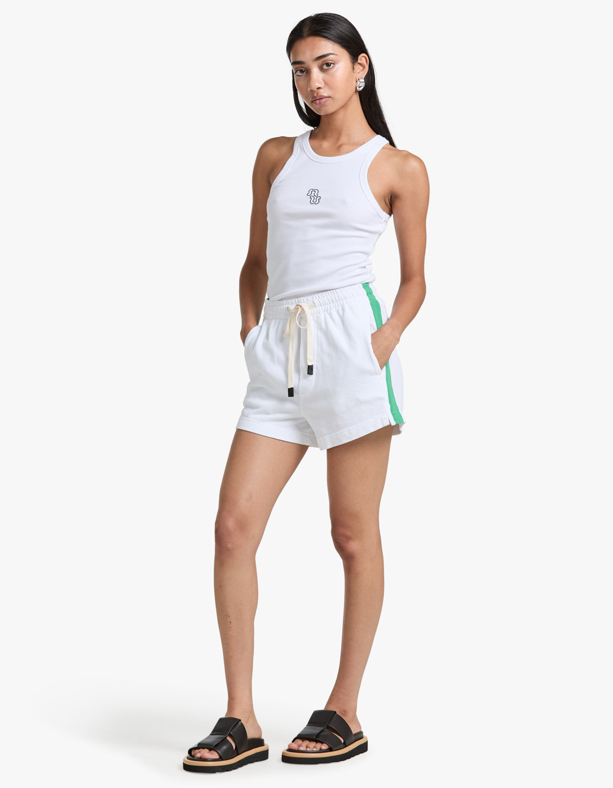 French Terry Side Stripe Short - White/Aloe Vera