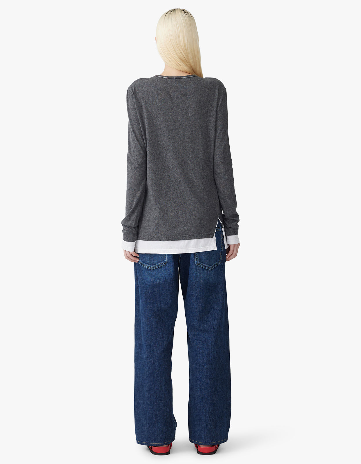 Split Layered L/S T.Shirt - Charcoal Marl/White