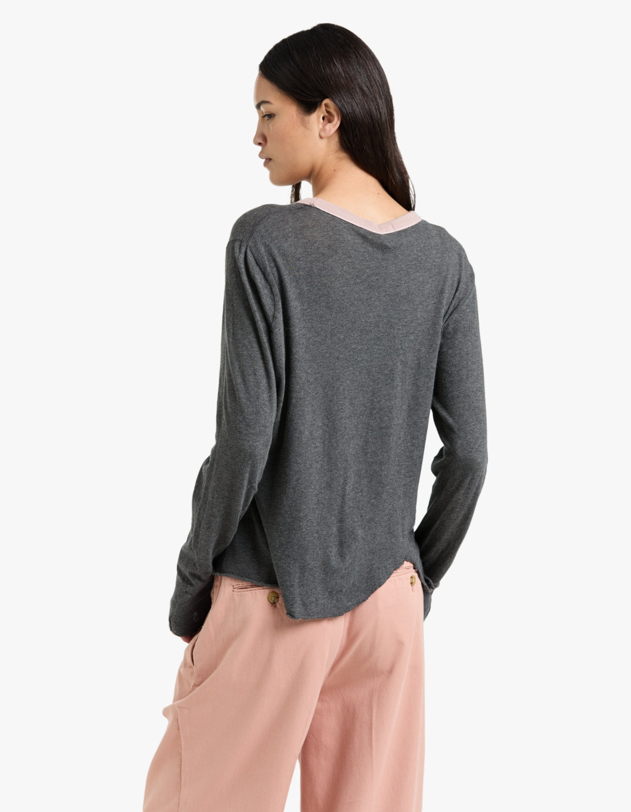 Contrast Scoop Hem L/S T-S - Charcoal Marl/Pink