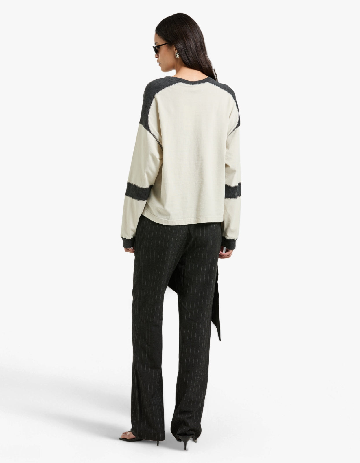 Long Sleeve Slouch Panelled T-Shirt - Ecru/Charcoal Marl