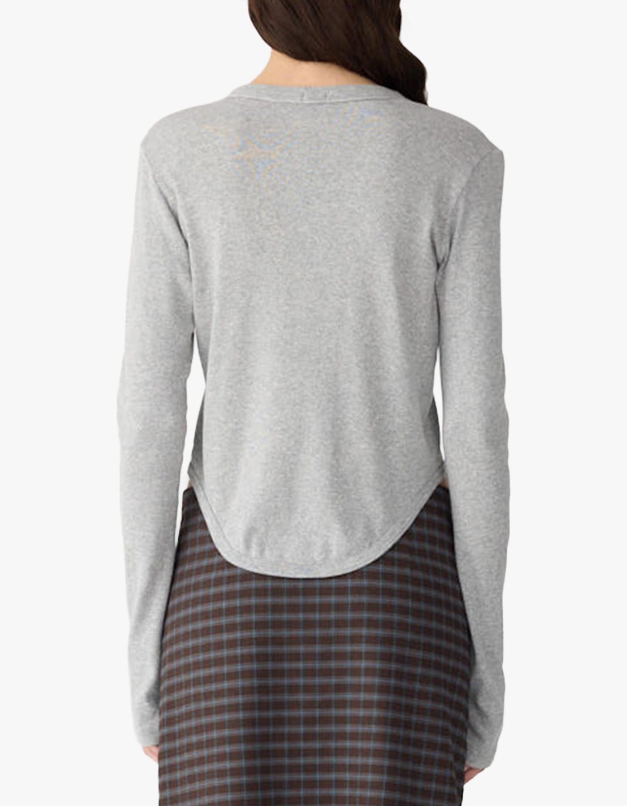 Scoop Hem Placket T-Shirt - Greymarl/Check