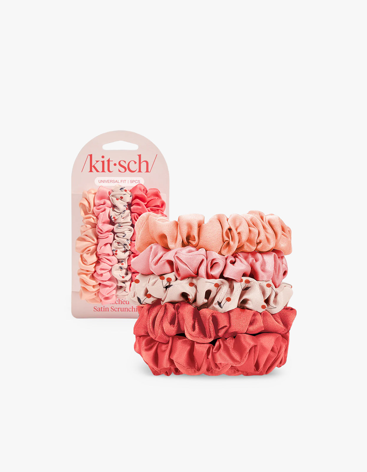 Ruched Satin Scrunchies 5Pc Set - Cherry Blossom