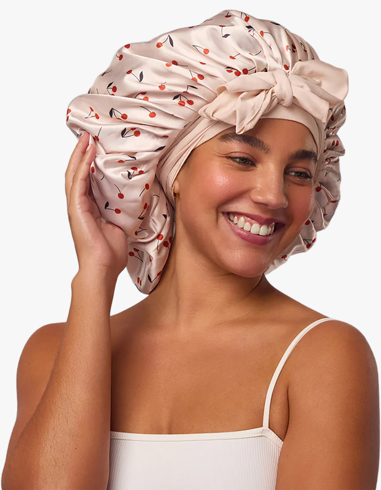 Adjustable Oversized Satin Bonnet - Cherry Print