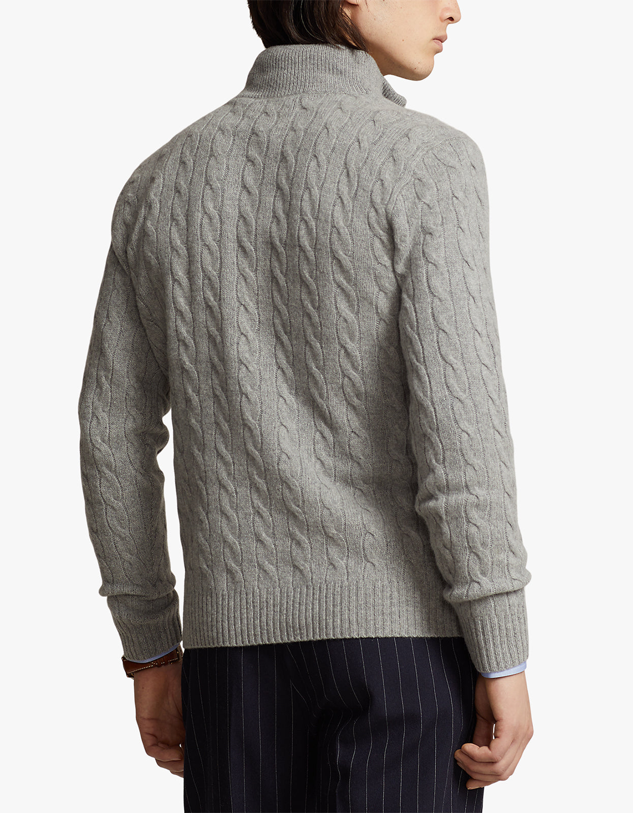 Cable Knit Cotton Quarter Zip Sweater - Fawn Grey Heather
