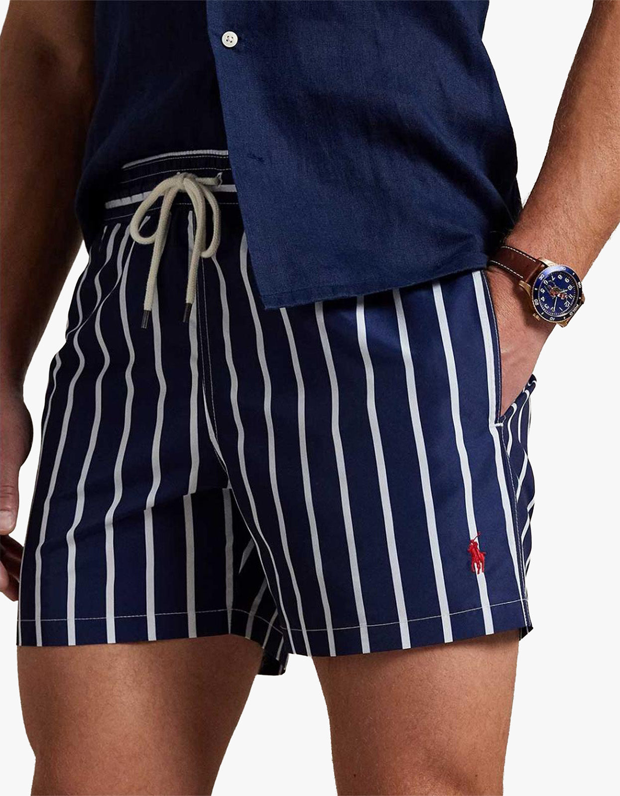 4.5 Inch Traveler Slim Fit Swim Trunk - Navy Vertical Wide Stripe