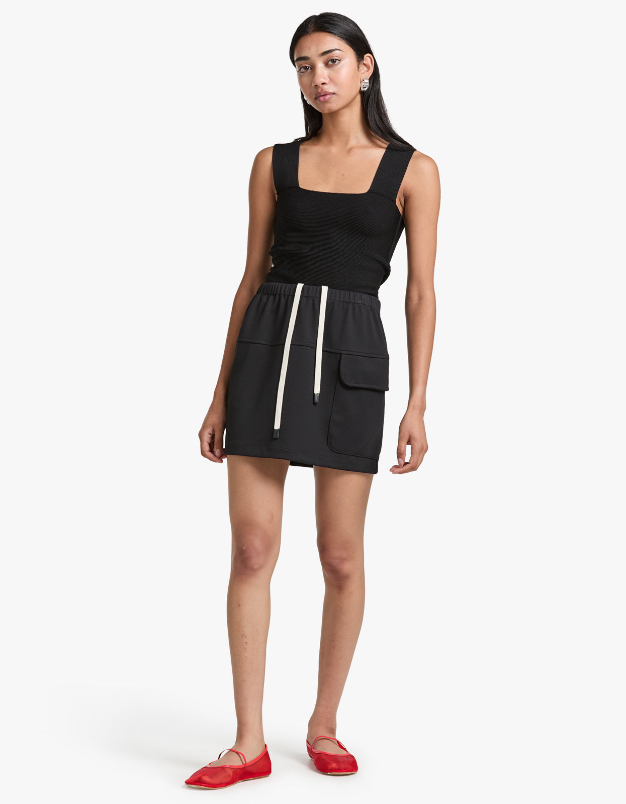 Drawstring Pocket Mini Skirt - Black