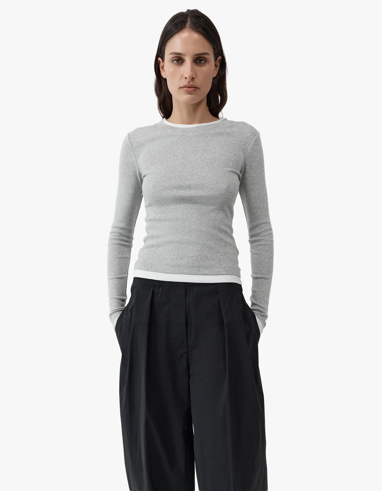 St. Agni - Organic Cotton Layered Long Sleeve Top Grey Marle