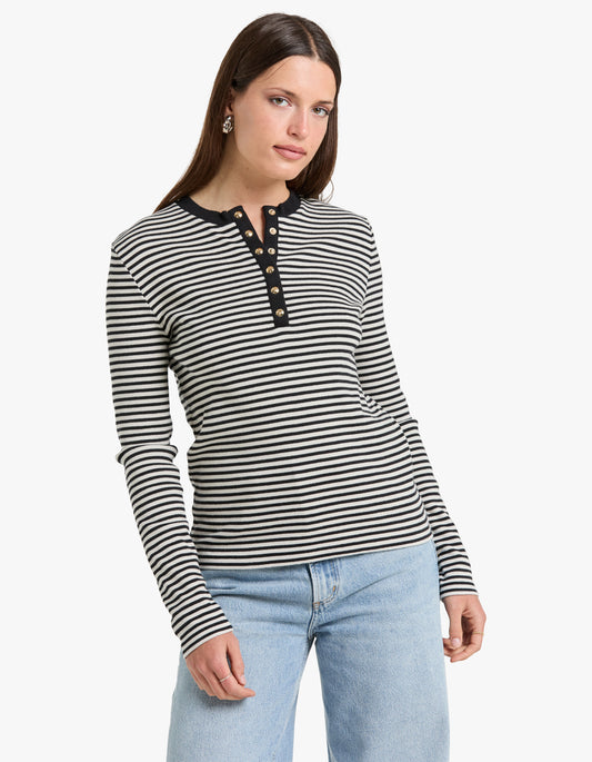 Alessia Long Sleeve Tee - Cream And Black Stripe