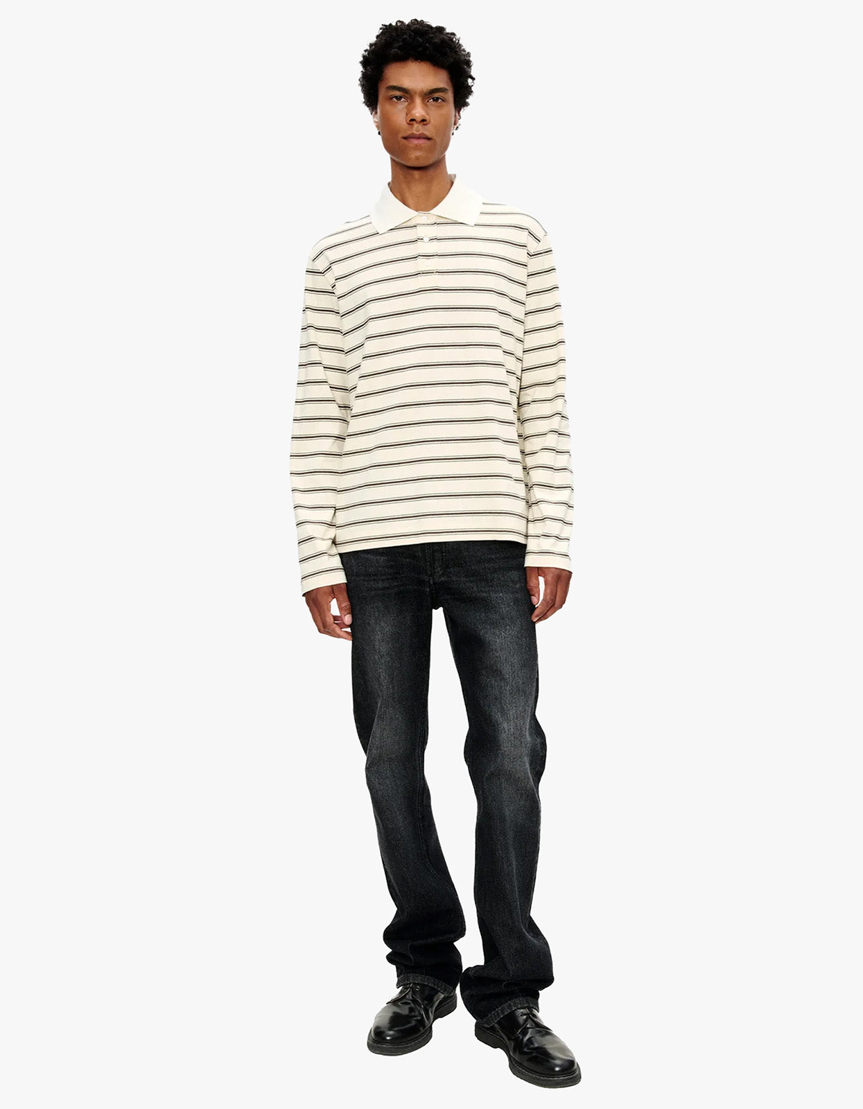 Striped Long Sleeve Polo Shirt - AAD Ecru