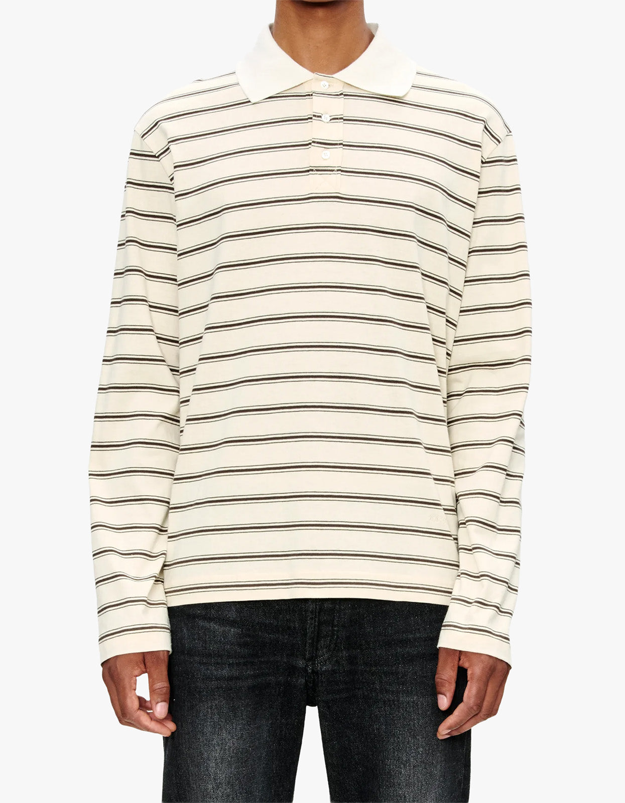 Striped Long Sleeve Polo Shirt - AAD Ecru