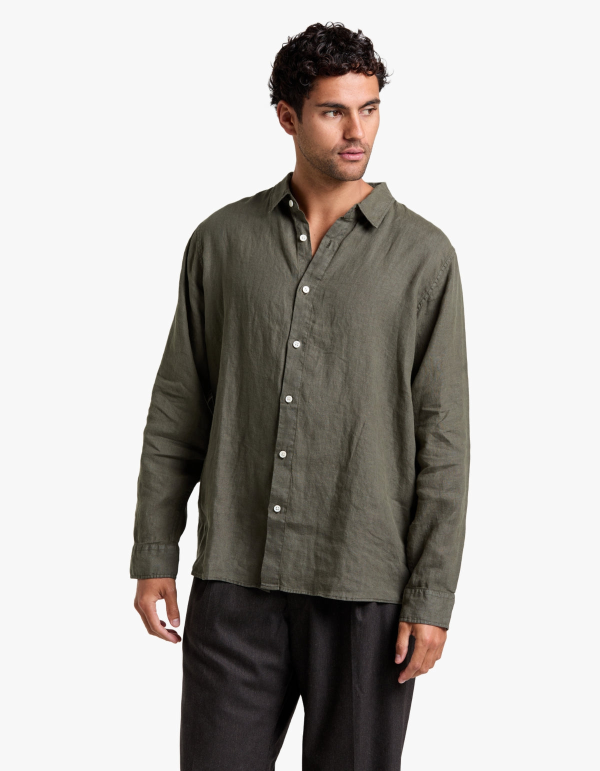 Everyday Mens Linen Long Sleeve Shirt - Dark Military