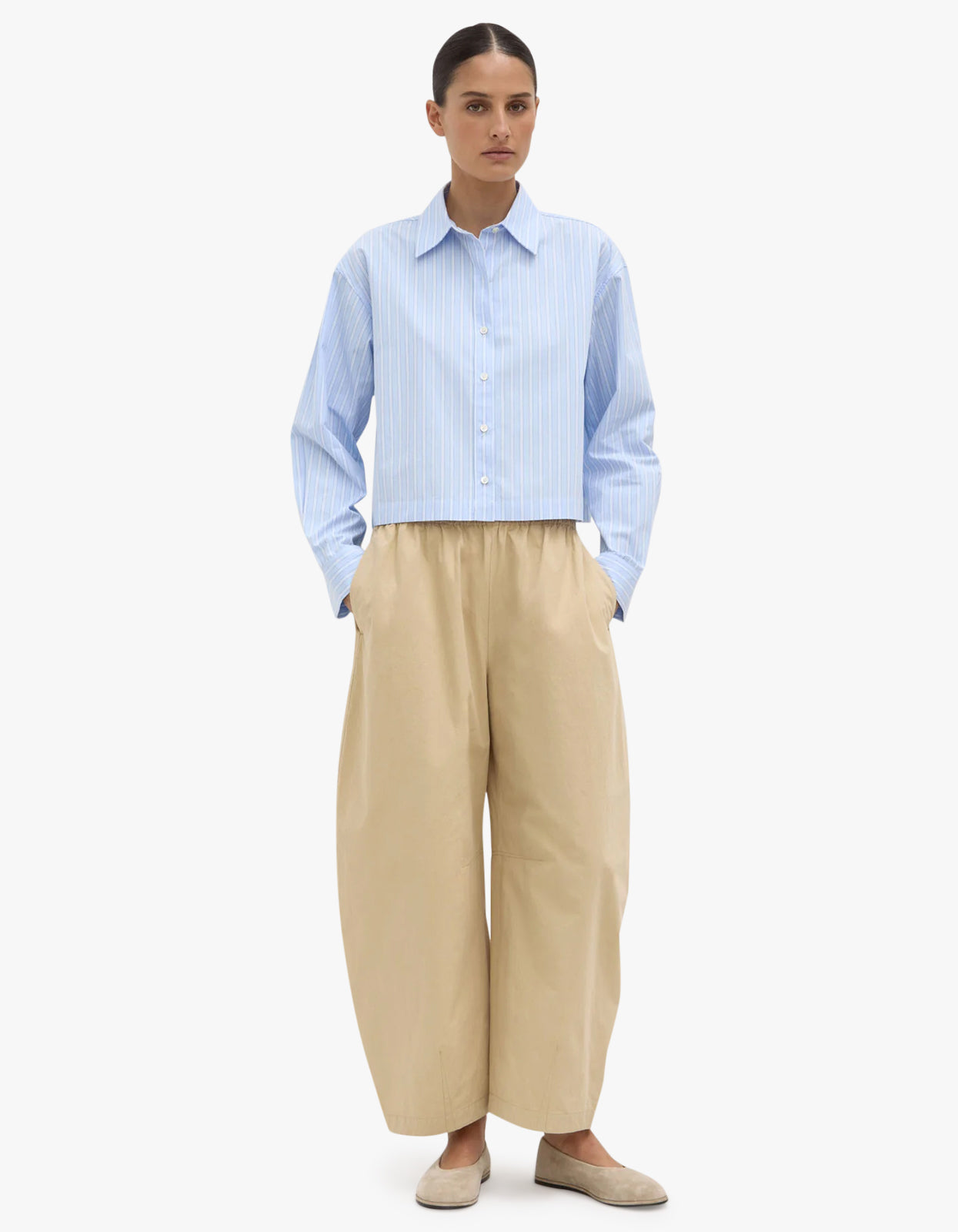 Tessa Poplin Cropped Long Sleeve Shirt Blue Stripe - Bluestripe