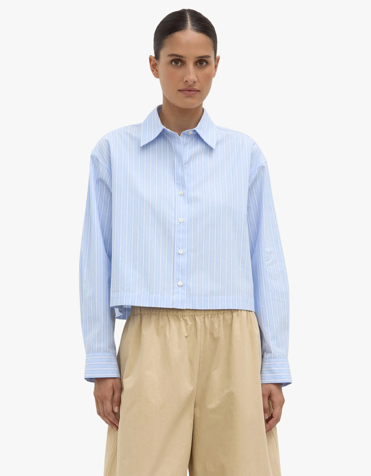 Tessa Poplin Cropped Long Sleeve Shirt Blue Stripe - Bluestripe