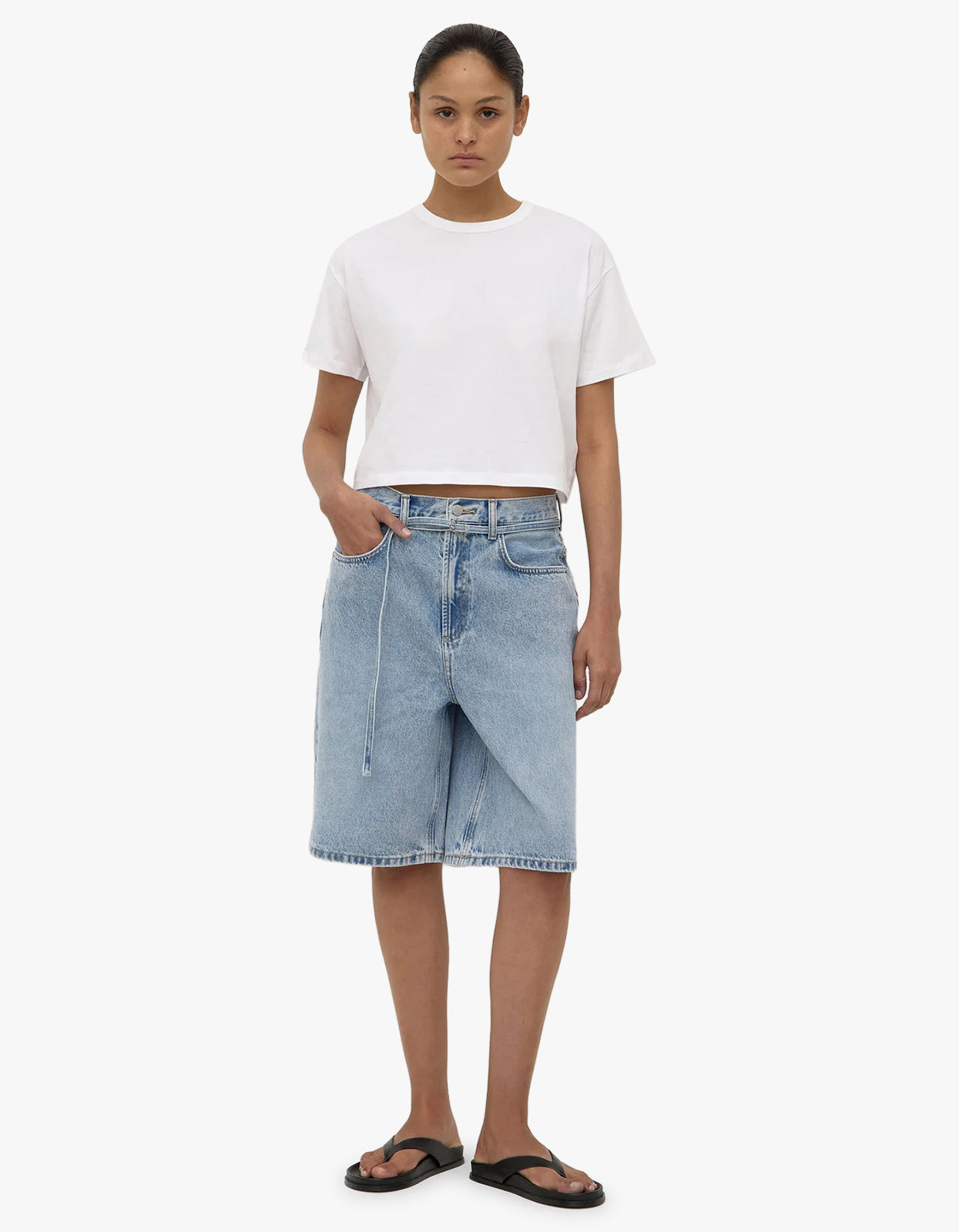 Loose Fit Long Denim Short - Mid Stone Wash
