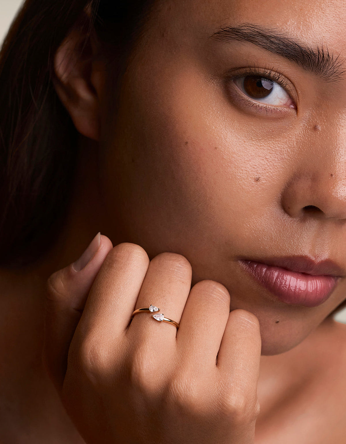 Crystal Pear Open Ring - Gold