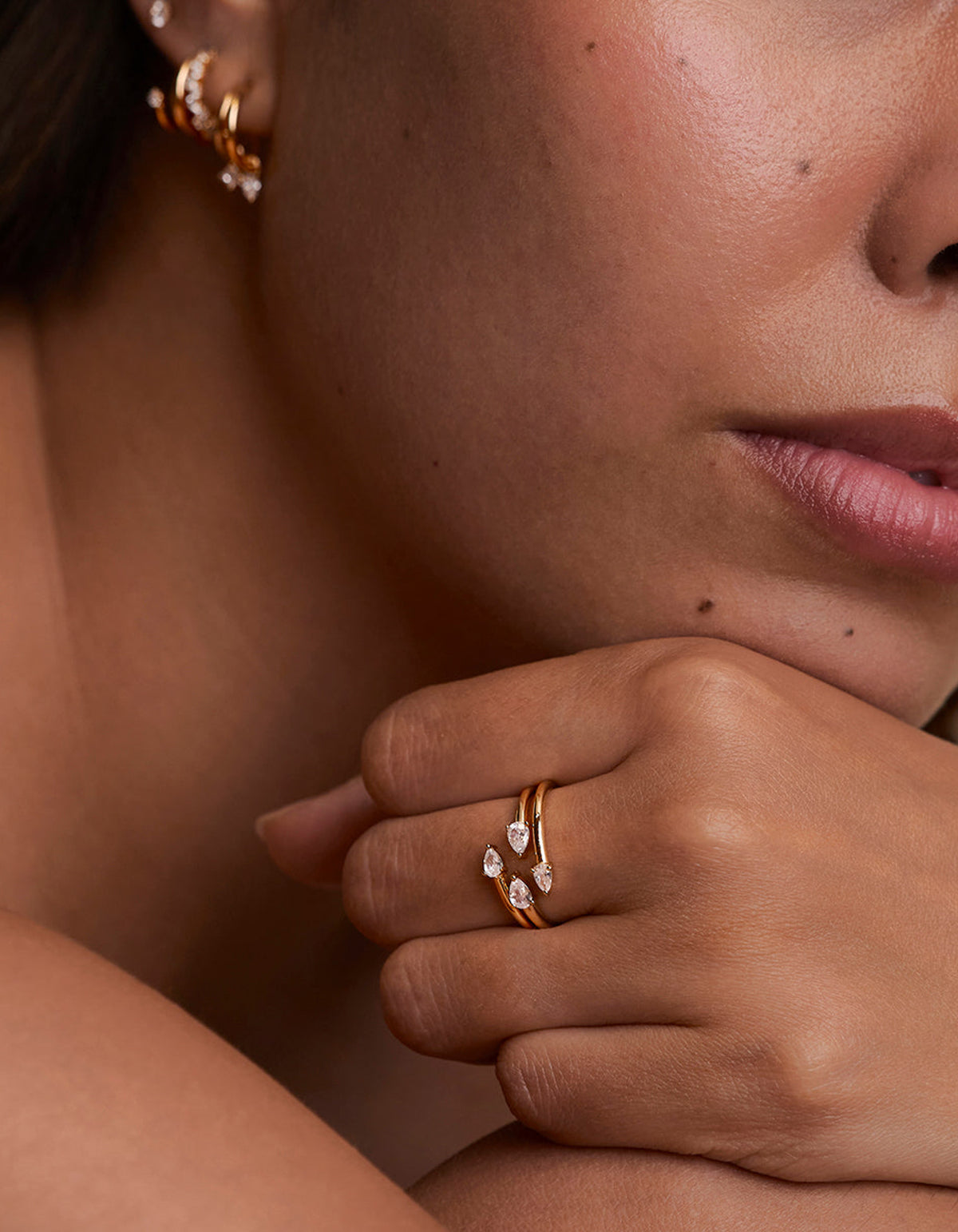 Crystal Pear Open Ring - Gold