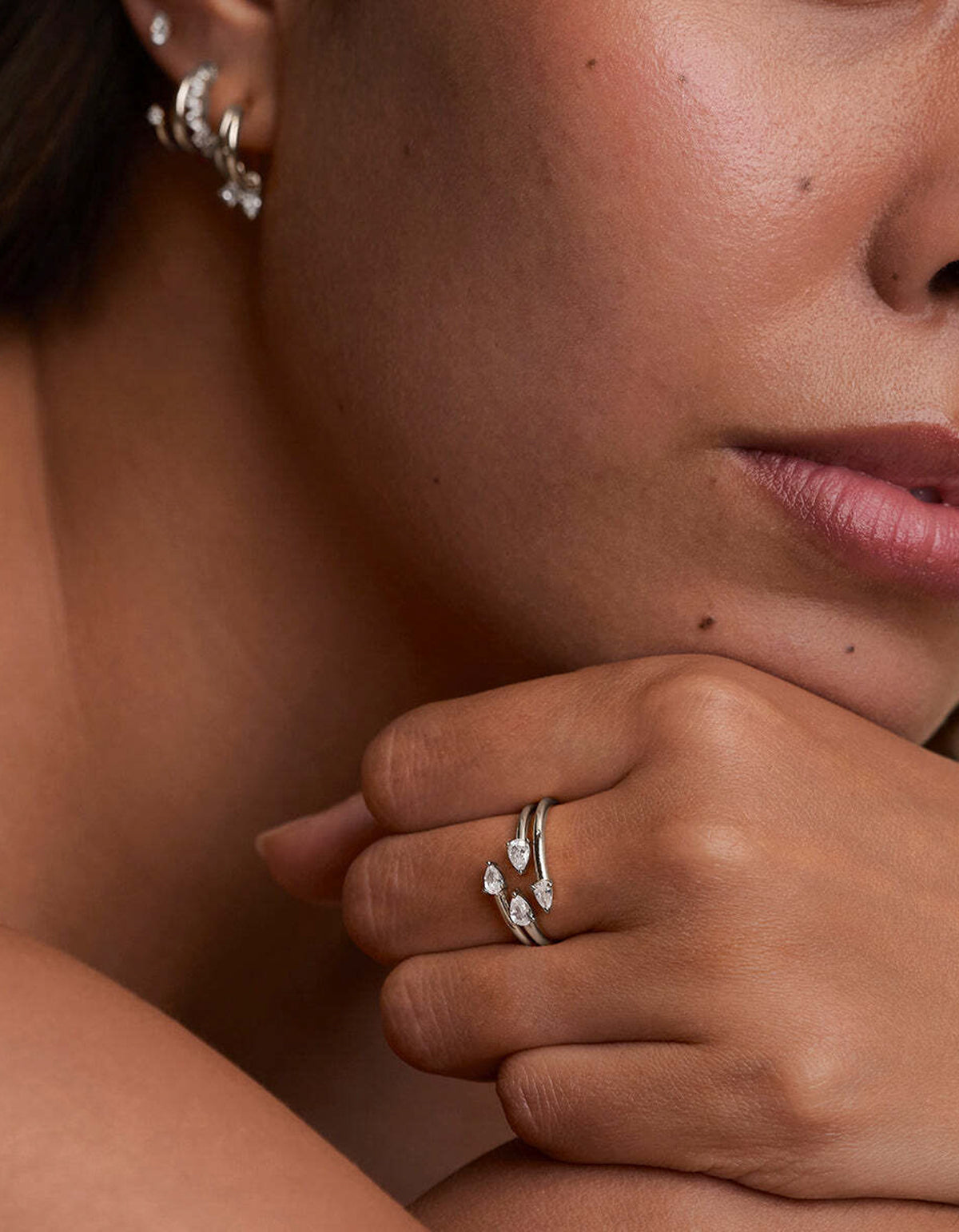 Crystal Pear Open Ring - Silver