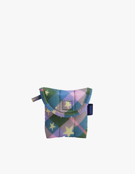 Puffy Earbuds Case - Green Star Plaid