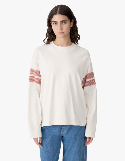 Boxy Rib Insert Long Sleeve T-Shirt - Ecru/Red