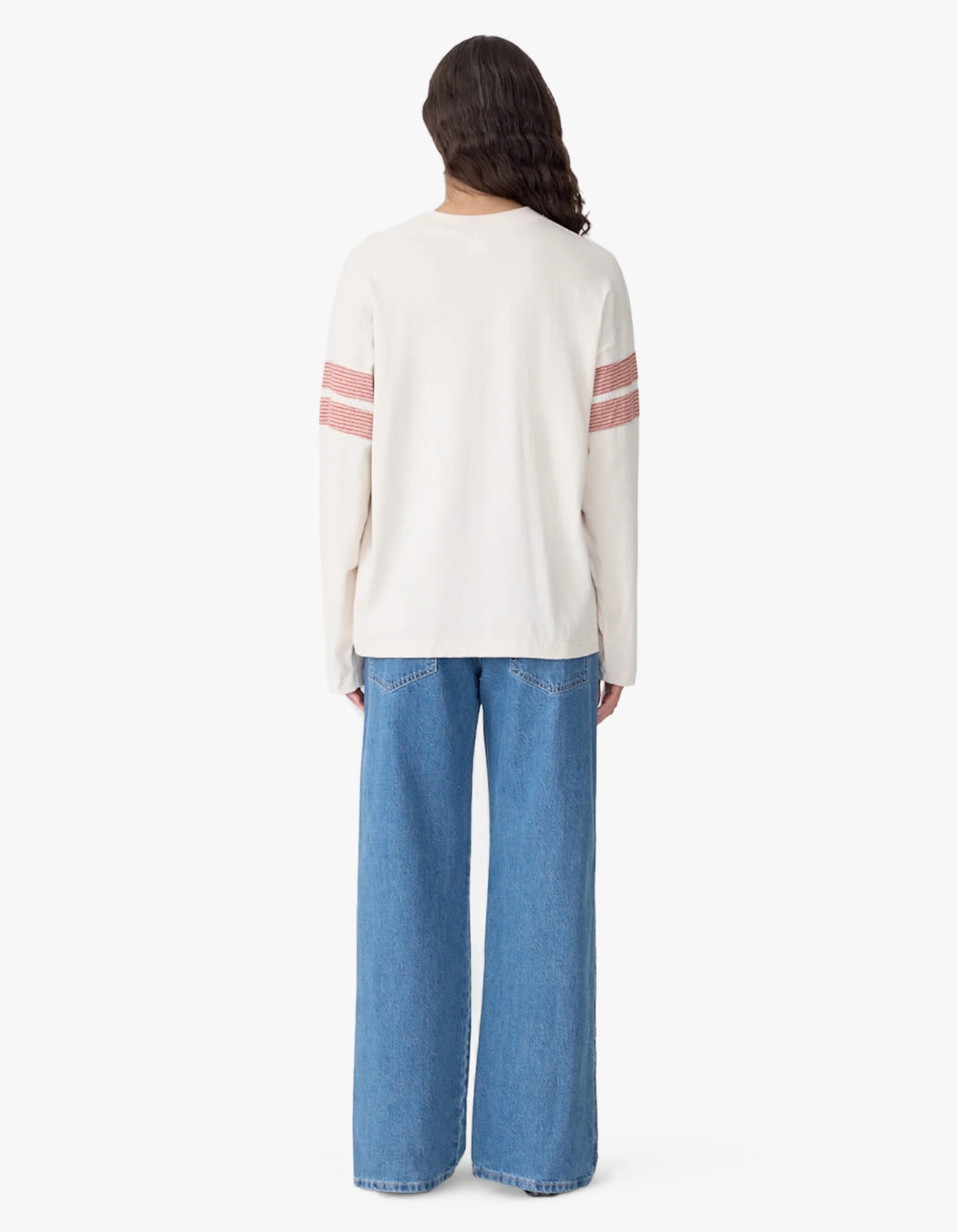 Boxy Rib Insert Long Sleeve T-Shirt - Ecru/Red