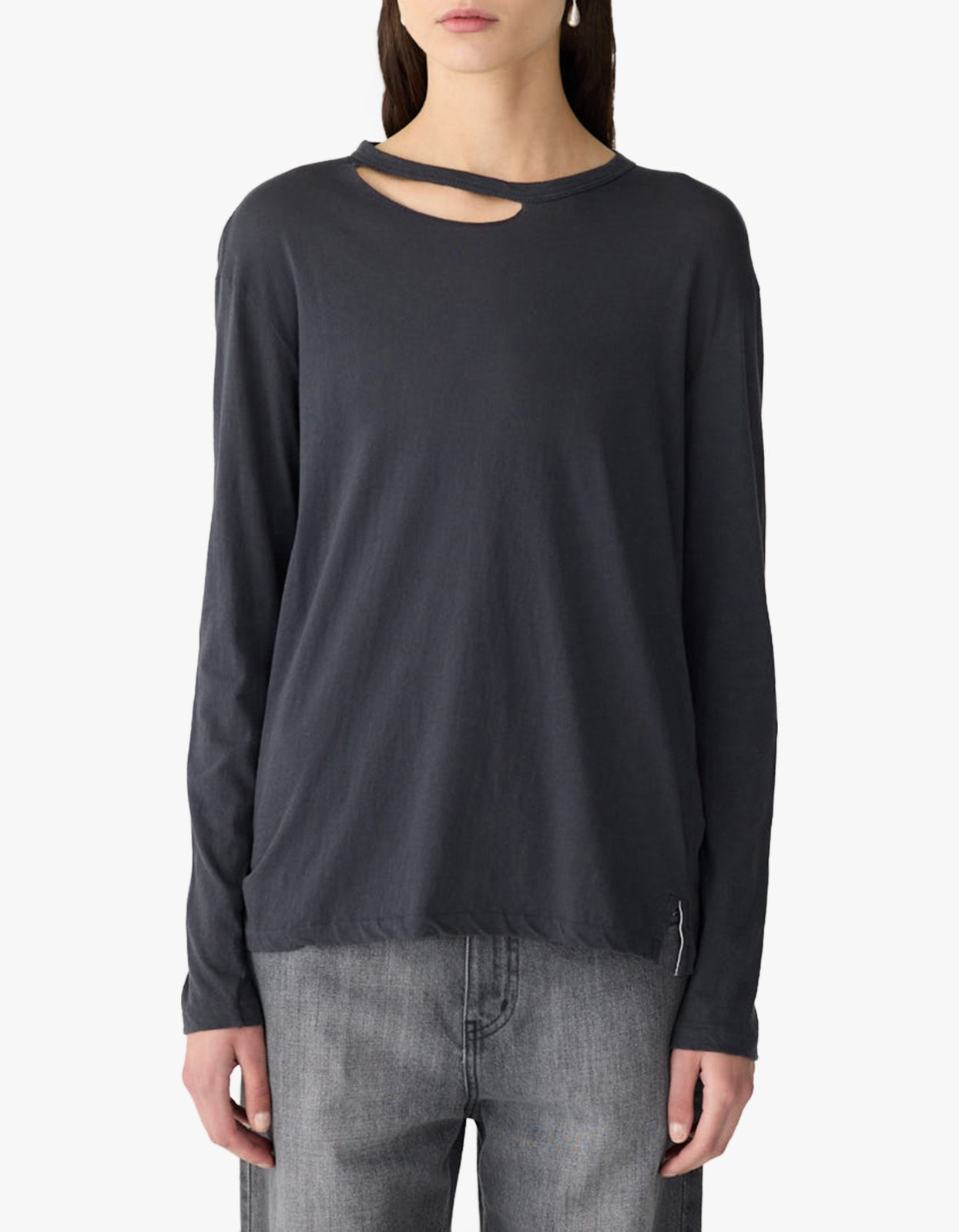 Raw Neck Cut Out L/S T-Shirt - Washed Navy