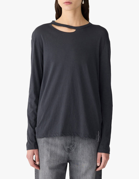 Raw Neck Cut Out L/S T-Shirt - Washed Navy