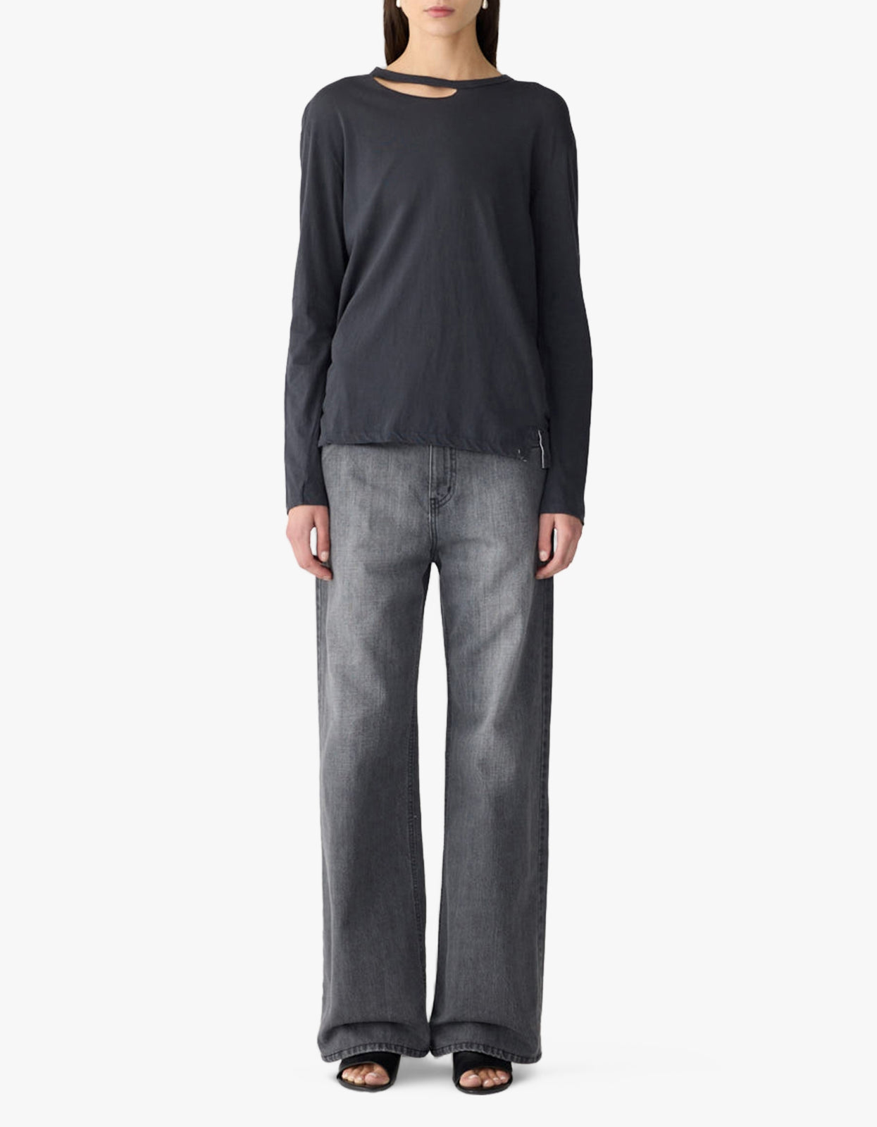 Raw Neck Cut Out L/S T-Shirt - Washed Navy