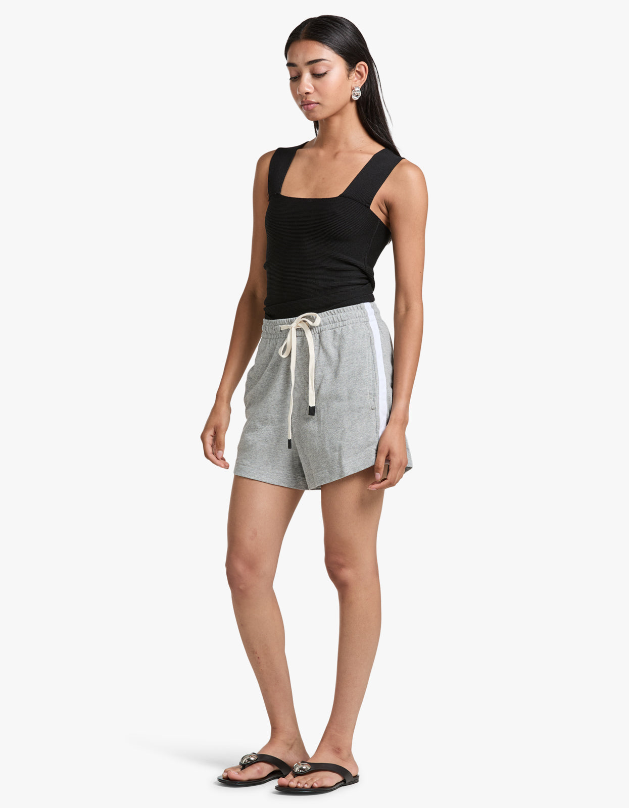 French Terry Side Stripe Short - Grey Marle/ White