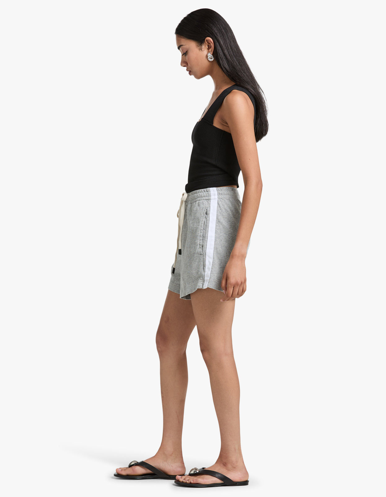 French Terry Side Stripe Short - Grey Marle/ White