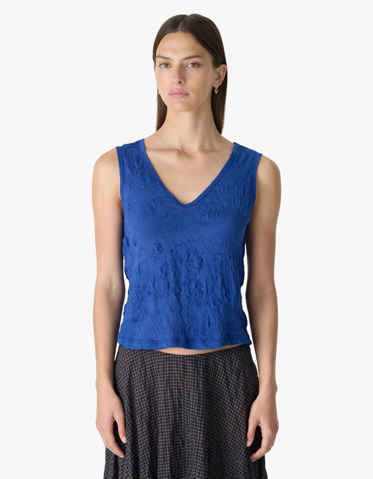 Crinkle V-Neck Tank - Cobalt