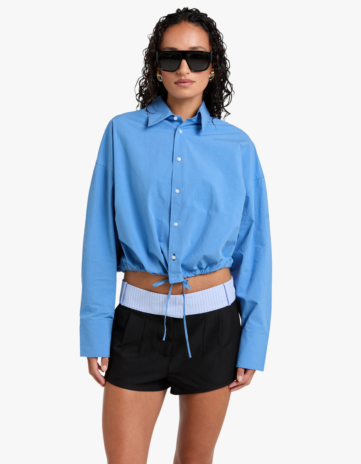 Crushed Cotton Gathered Shirt - Cornflower