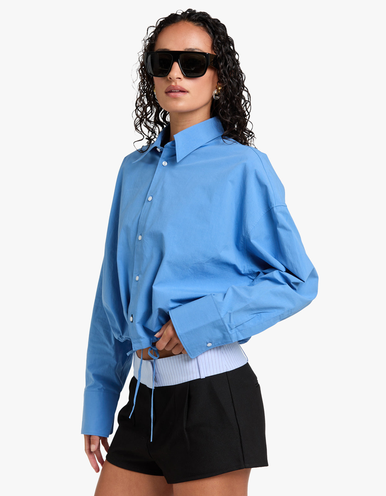Crushed Cotton Gathered Shirt - Cornflower
