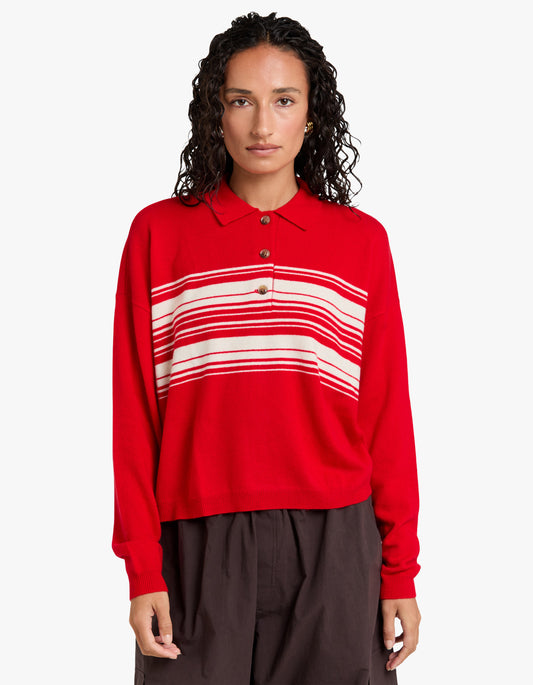 Lightweight Wool Cashmere Polo - Red/Natural