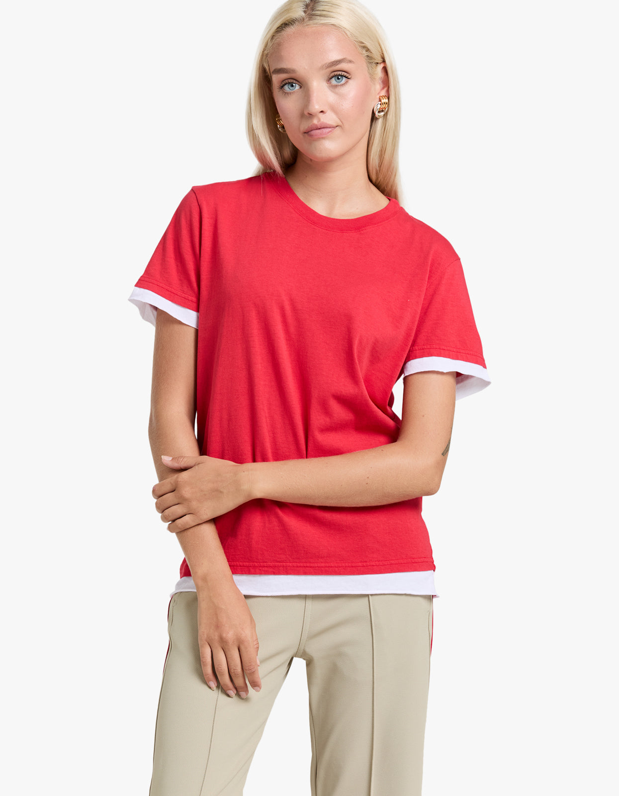 Layered Short Sleeve T.Shirt - Hibiscus/ White