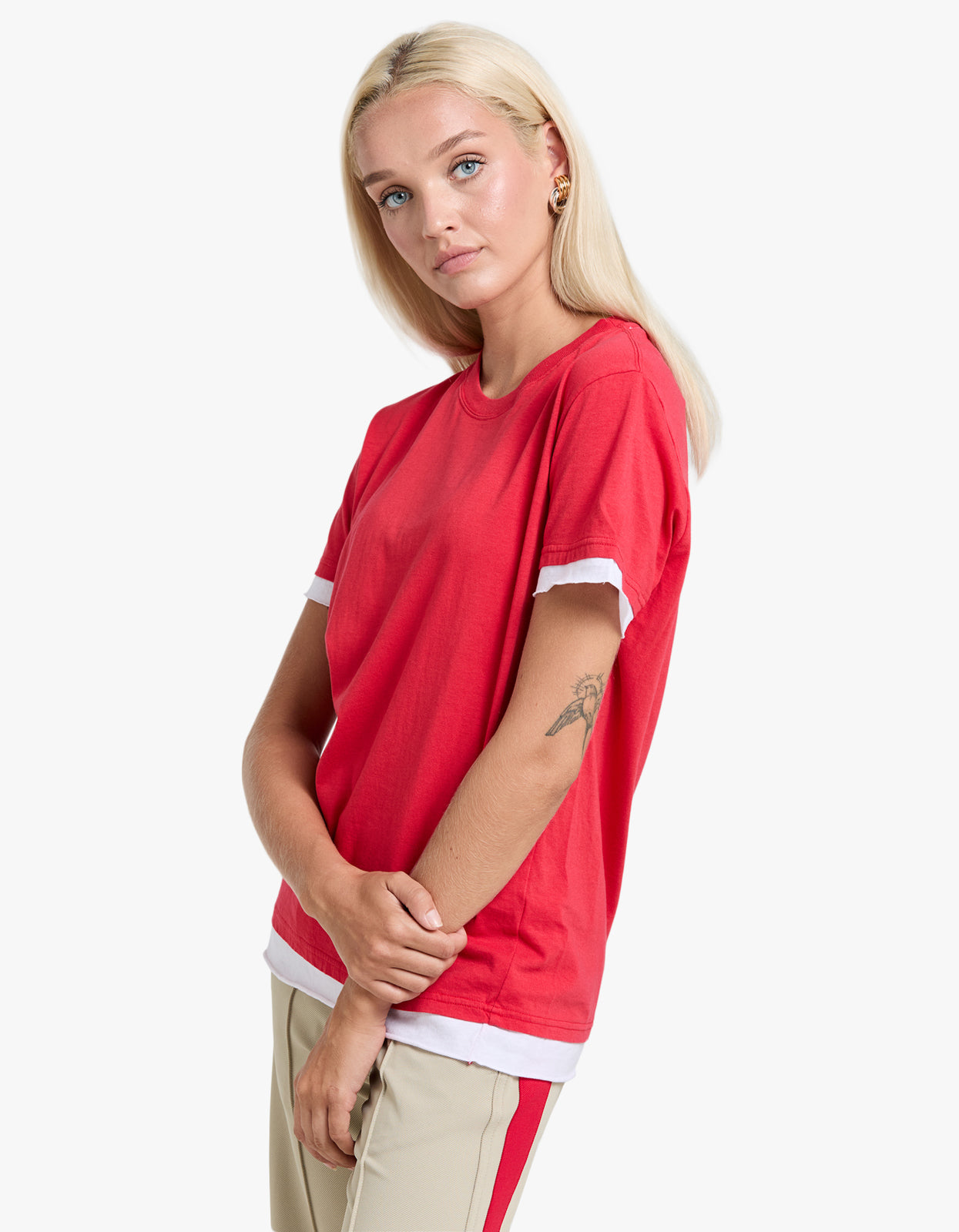 Layered Short Sleeve T.Shirt - Hibiscus/ White