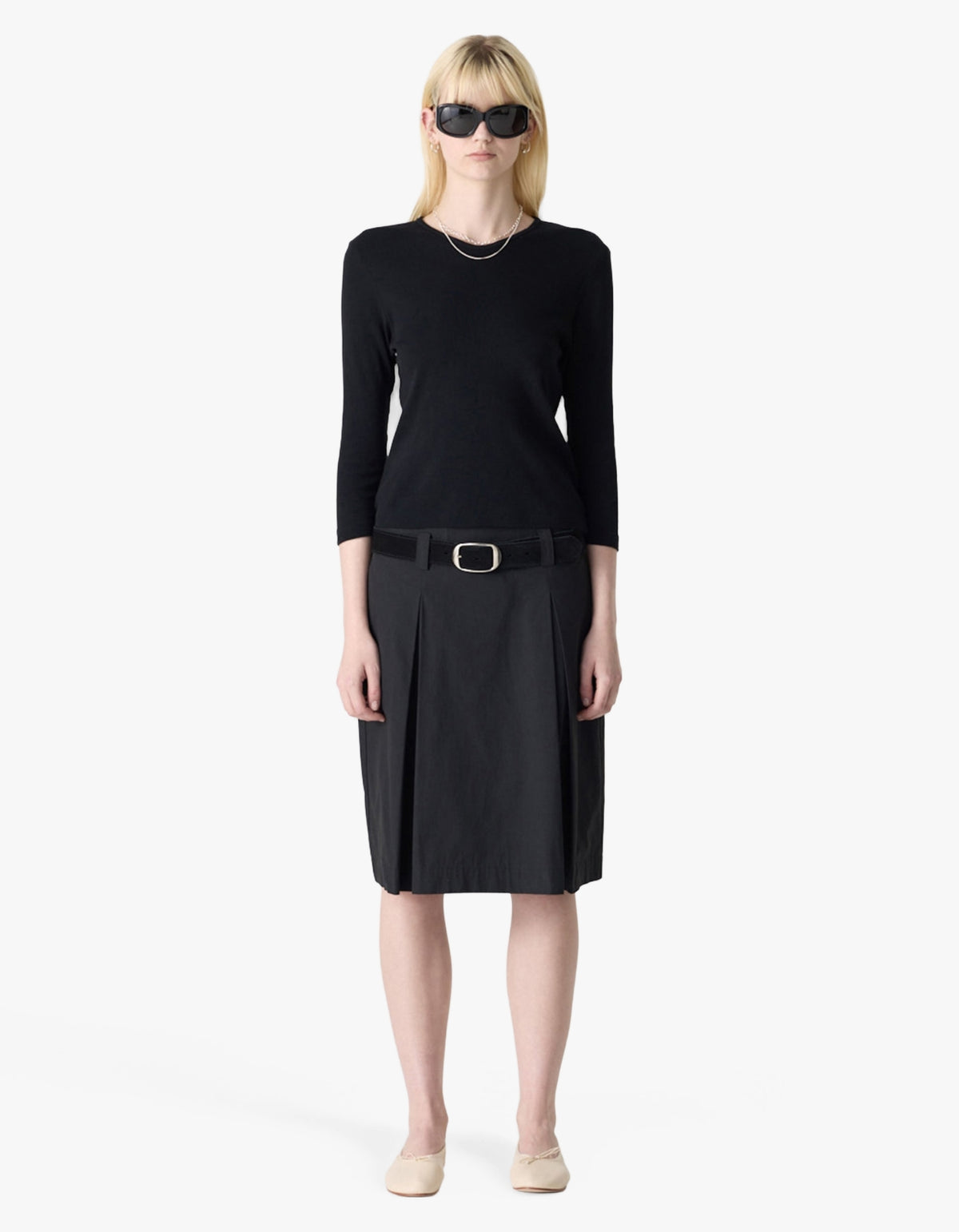 Crushed Cotton Box Pleat Skirt - Black