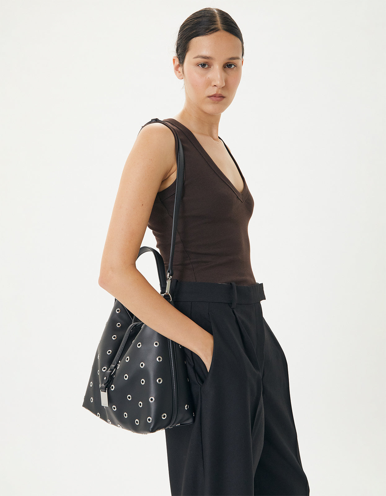 Josie Eyelet Bucket Bag - Black