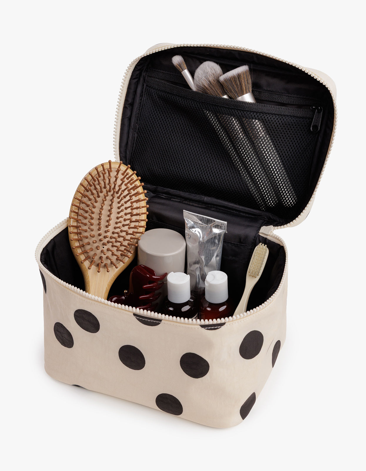 Large Cosmetic Case - Cream And Black Polka Dot