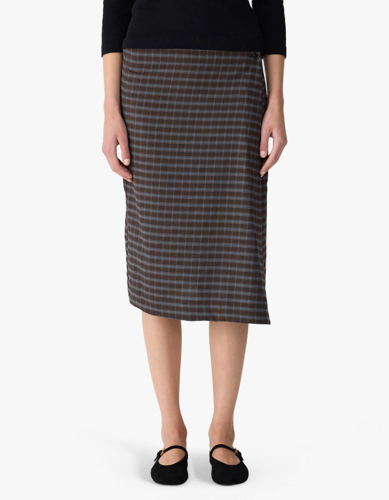 Check Asymmetric Wrap Skirt - Dark Brown/Pale Blue Check