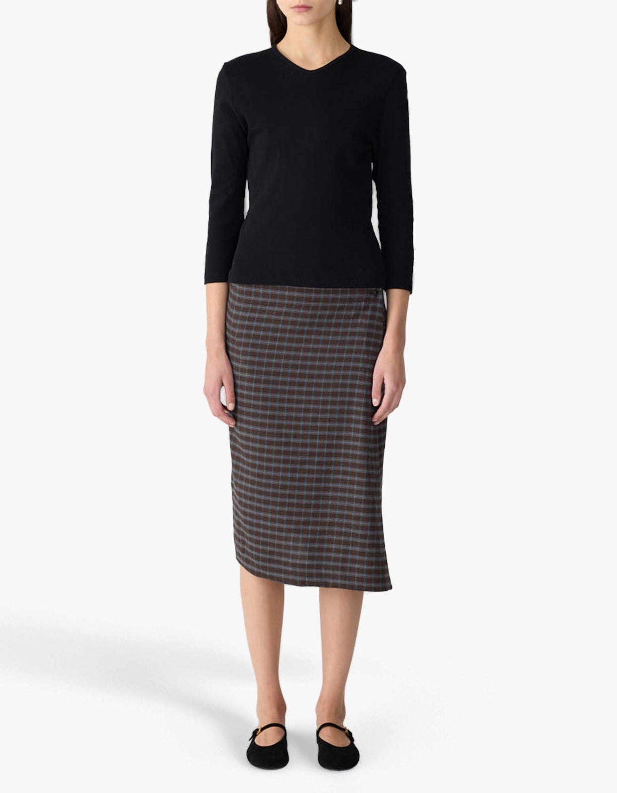 Check Asymmetric Wrap Skirt - Dark Brown/Pale Blue Check