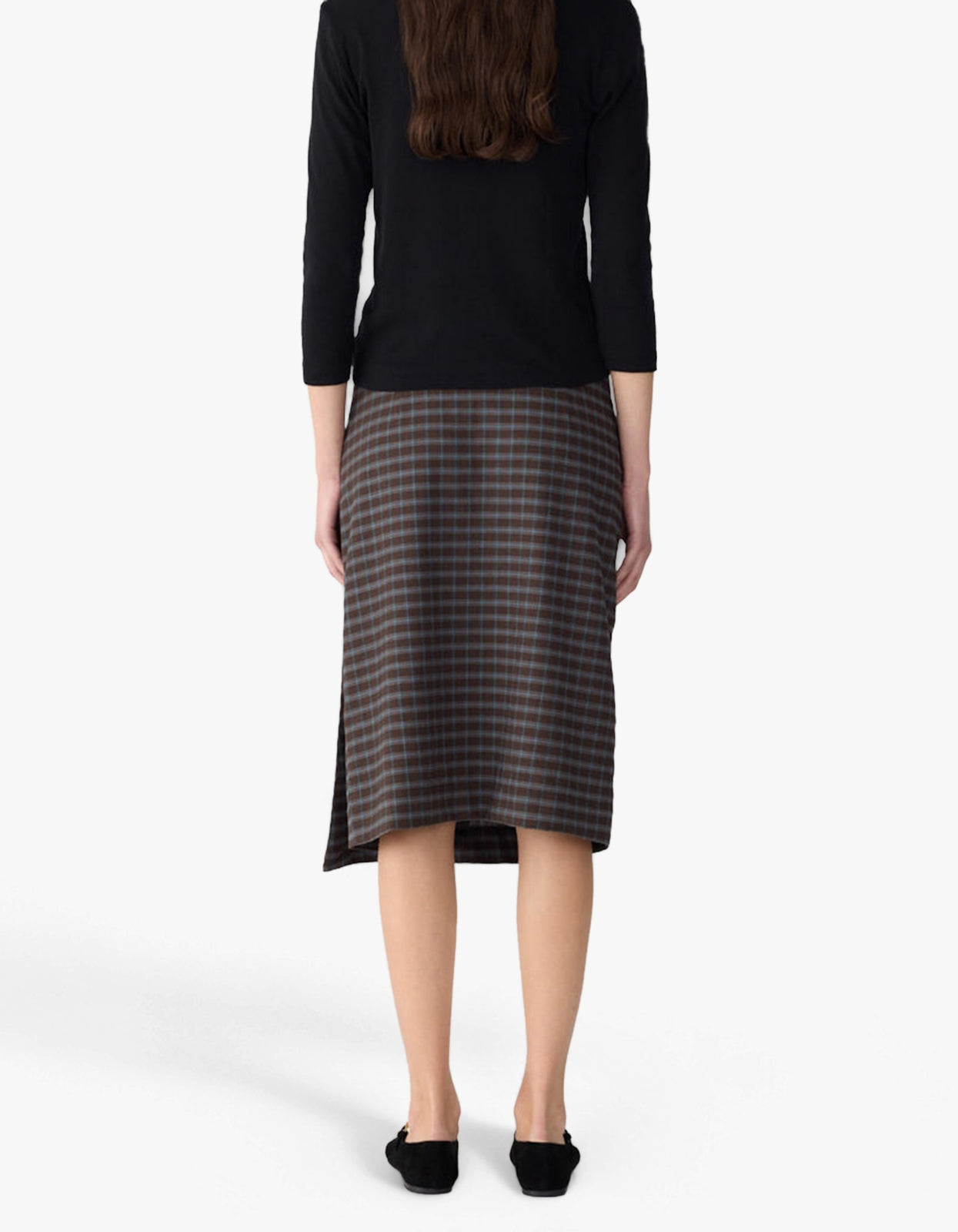 Check Asymmetric Wrap Skirt - Dark Brown/Pale Blue Check