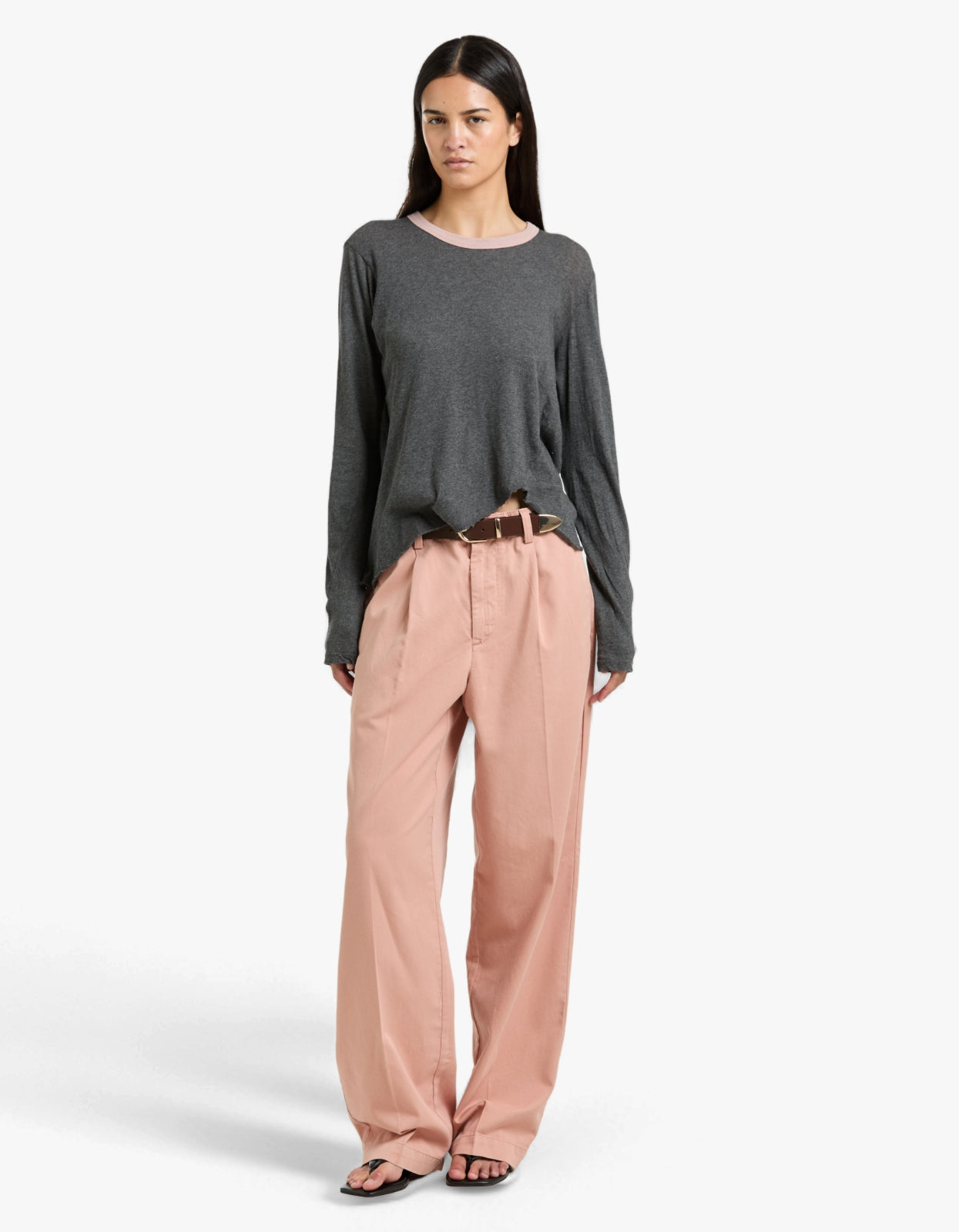 Contrast Scoop Hem L/S T-S - Charcoal Marl/Pink