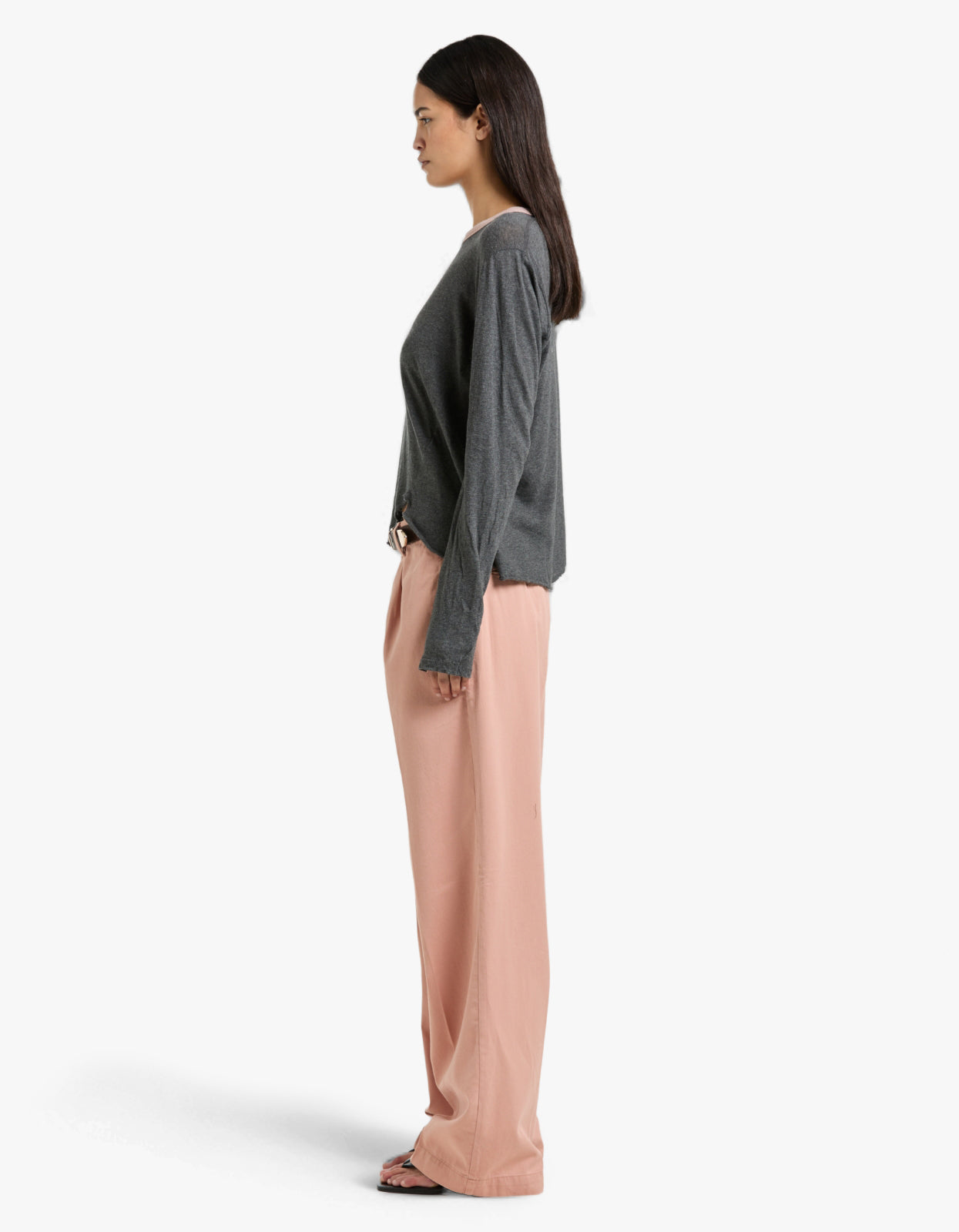 Contrast Scoop Hem L/S T-S - Charcoal Marl/Pink