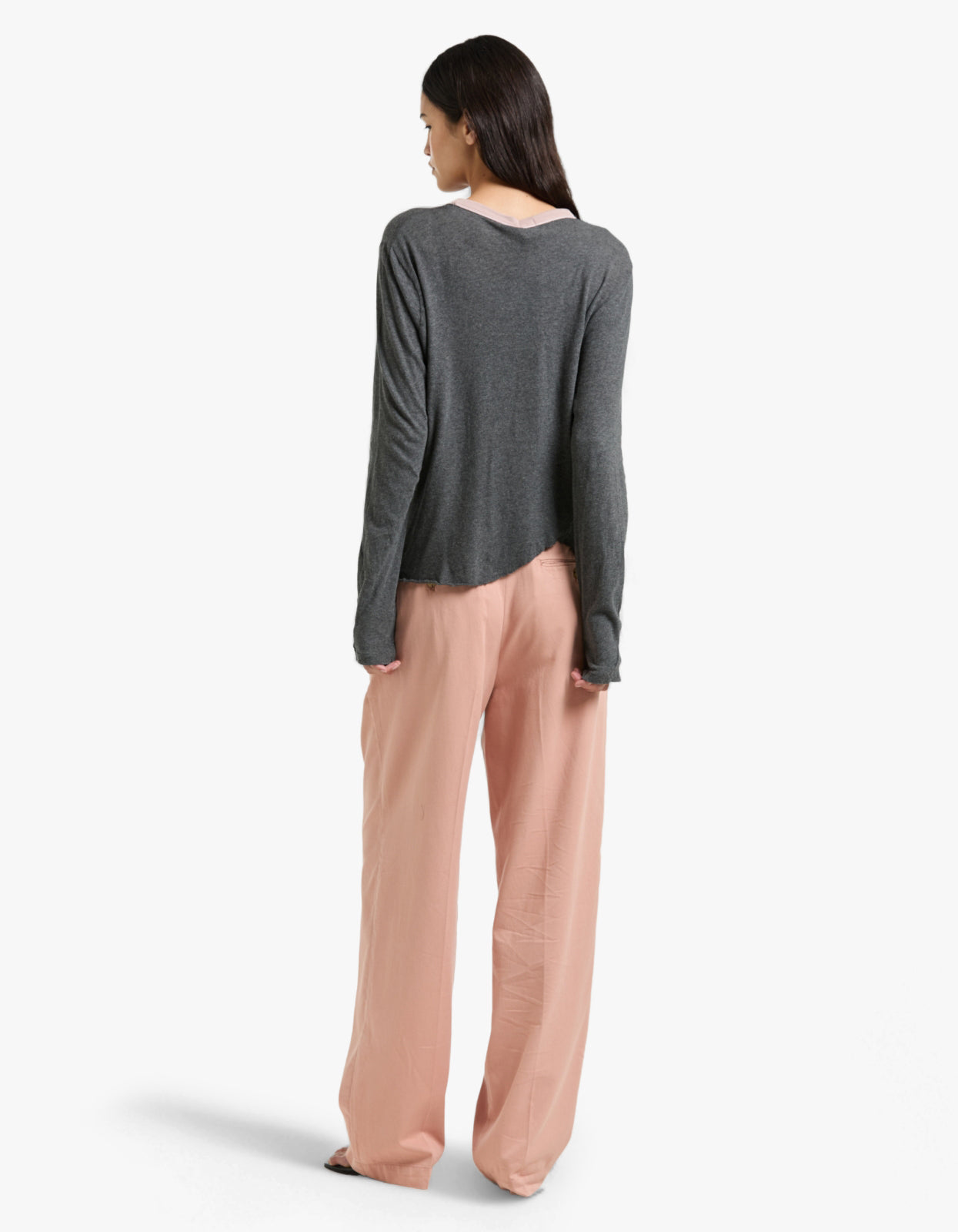 Contrast Scoop Hem L/S T-S - Charcoal Marl/Pink