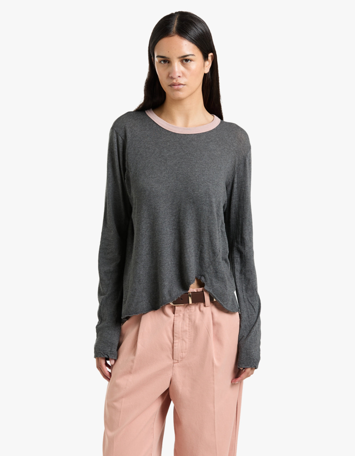 Contrast Scoop Hem L/S T-S - Charcoal Marl/Pink