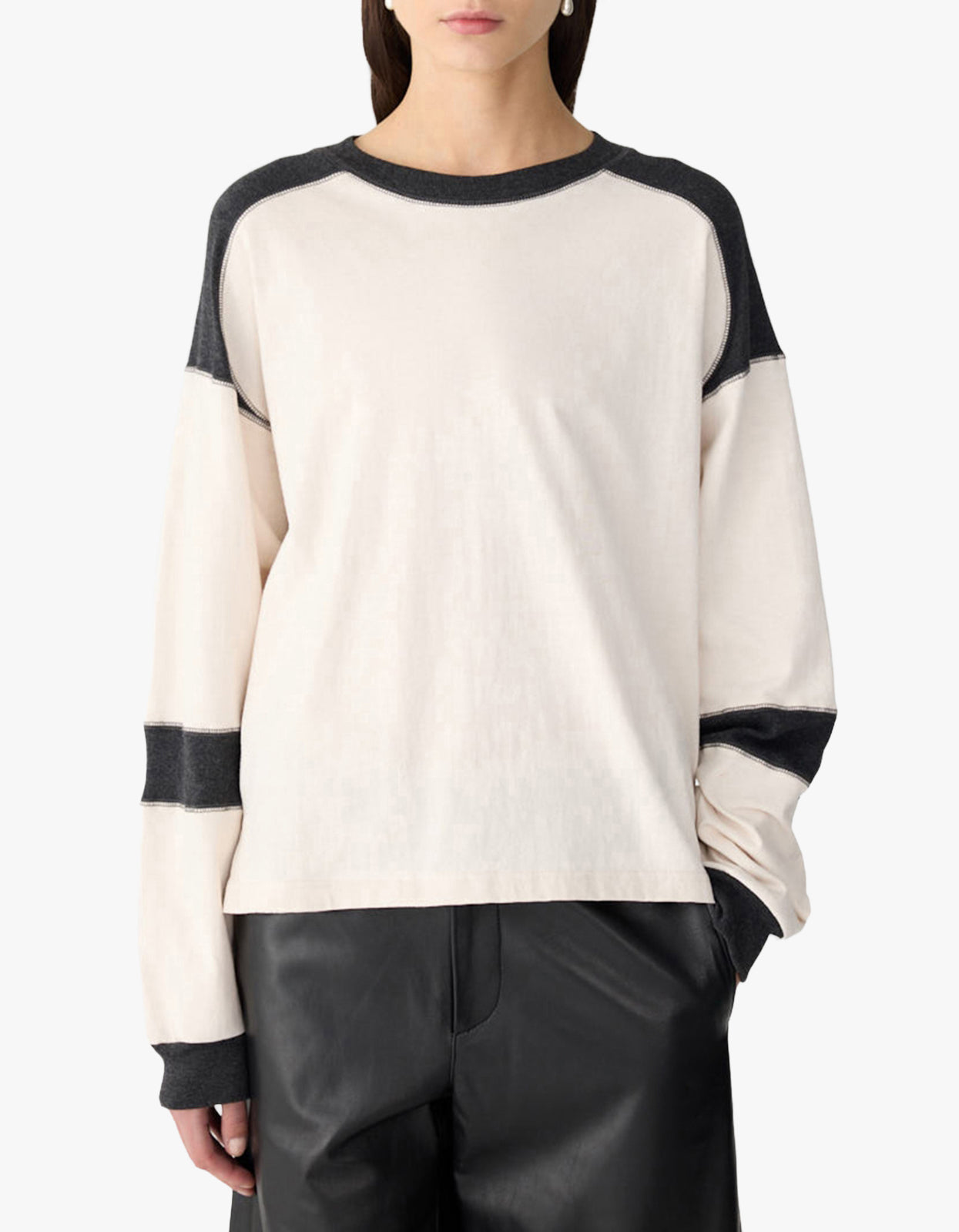 Long Sleeve Slouch Panelled T-Shirt - Ecru/Charcoal Marl