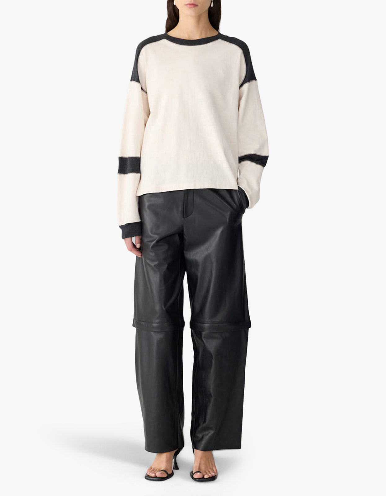 Long Sleeve Slouch Panelled T-Shirt - Ecru/Charcoal Marl