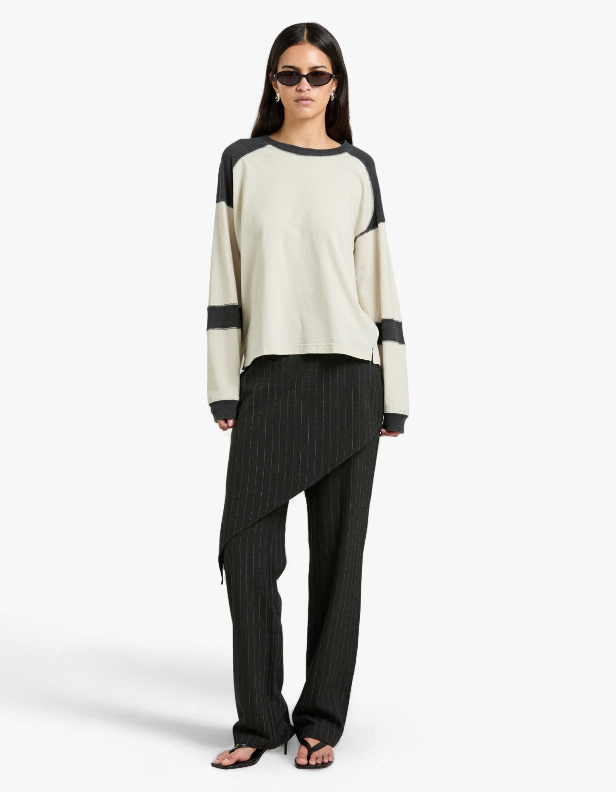 Long Sleeve Slouch Panelled T-Shirt - Ecru/Charcoal Marl
