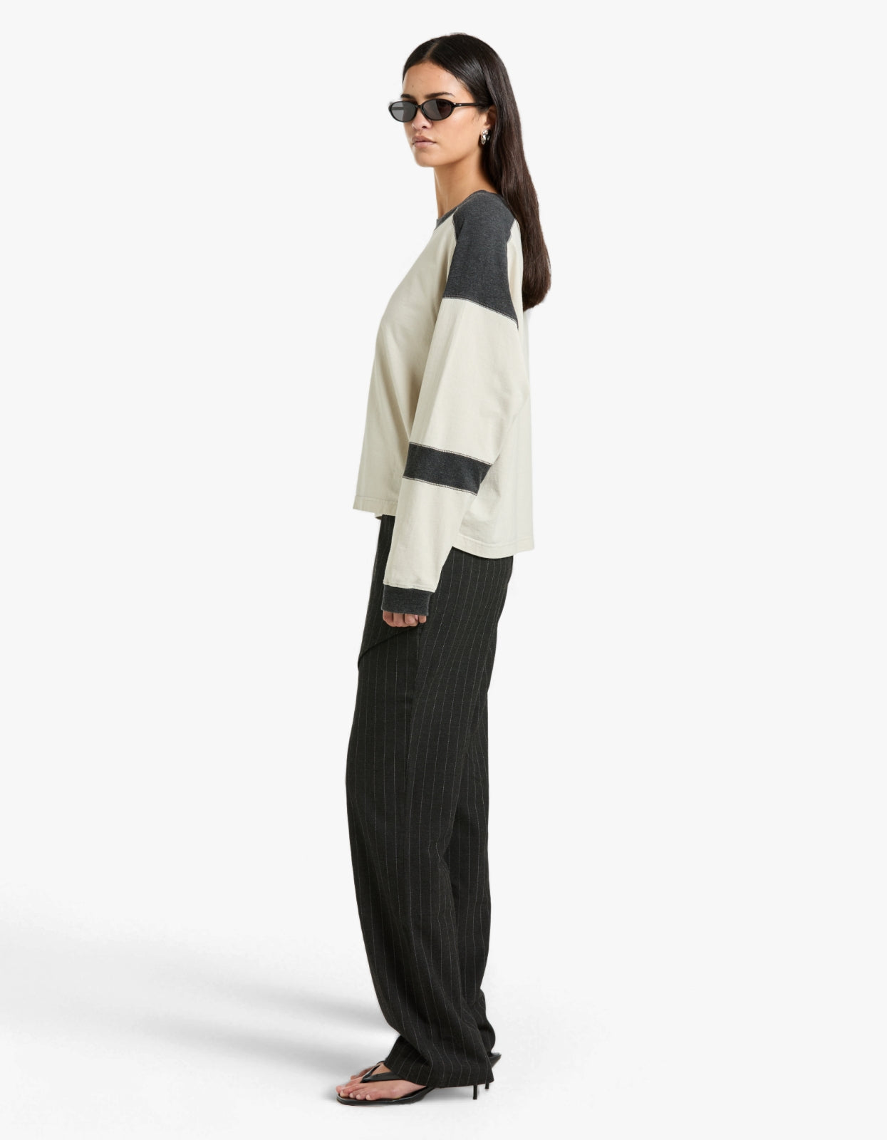 Long Sleeve Slouch Panelled T-Shirt - Ecru/Charcoal Marl